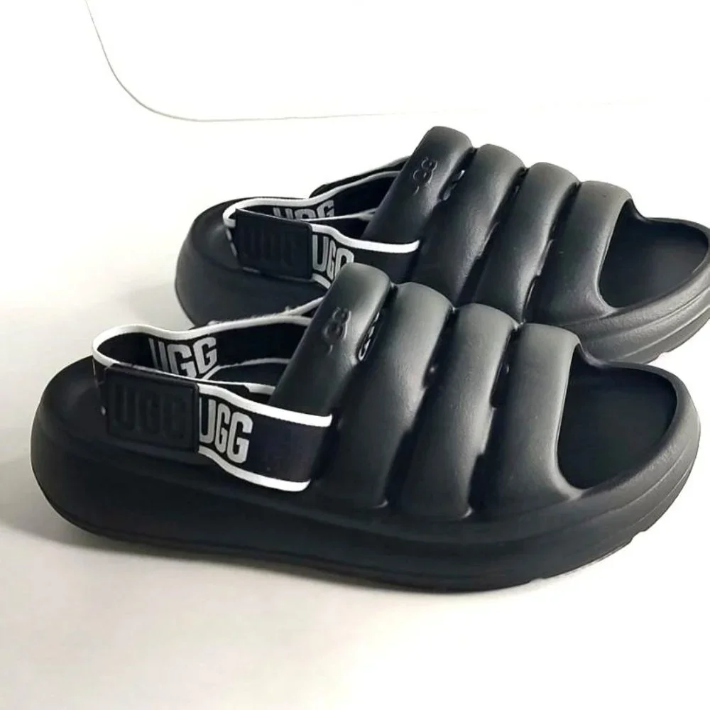 UGG Sport Yeah Sandals 9 Black Slides logo Print Backstrap - Picture 5 of 11